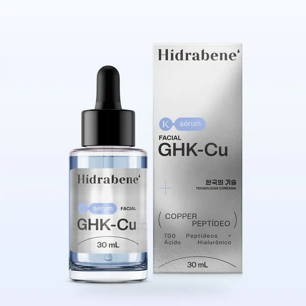 K-Sérum GHK-Cu Hidrabene, frasco de 30 ml de líquido azul com a caixa prata