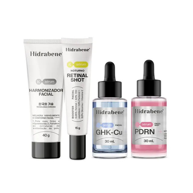 Os quatro séruns do kit: Harmonizador Facial, Retinal Shot, GHK-Cu e PDRN